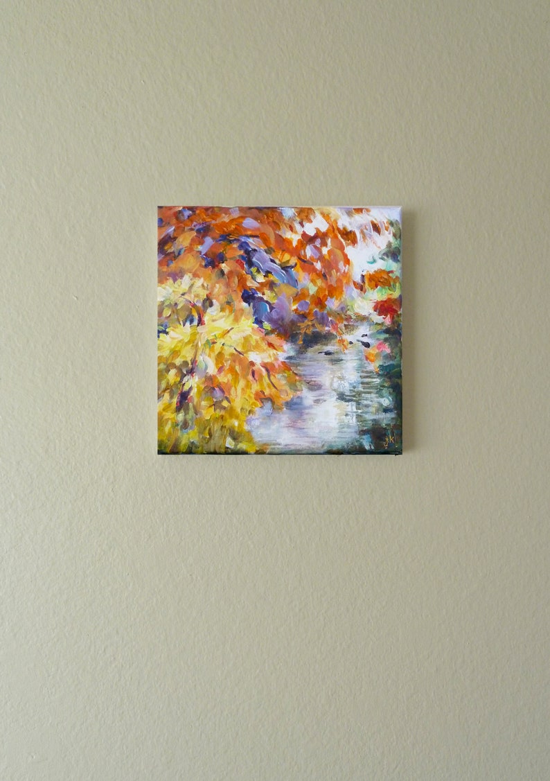 acryliccanvas 10x10 in red and yellow trees on the river bank Original Painting:Autumn by the River Maryland landscape fall