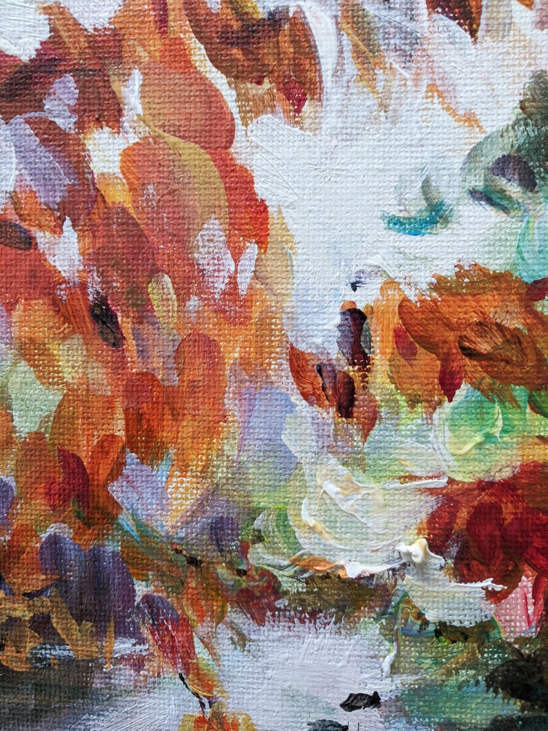 acryliccanvas 10x10 in red and yellow trees on the river bank Original Painting:Autumn by the River Maryland landscape fall