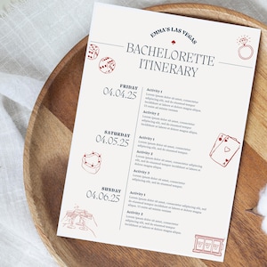 Plantilla editable de Canva para itinerario de despedida de soltera en Las Vegas, programa imprimible personalizado para fiesta de fin de semana en Las Vegas, itinerario de novia rojo y blanco