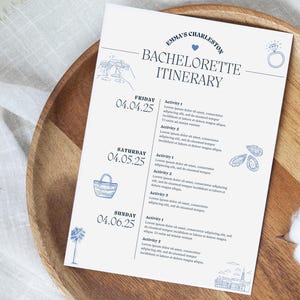 Charleston Bachelorette Reiseplan Bearbeitbare Canva-Vorlage, Blaue Skizzenwochenendplan zum Ausdrucken, benutzerdefinierte Brautparty-Reiseplan