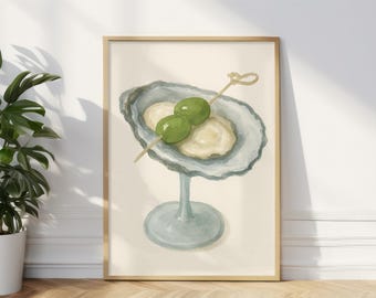 Oyster And Olive Printable Wall Art, Watercolor Martini Glass Kitchen Decor, Coastal Bar Cart Digital Artwork, Gourmet Foodie Gift Download