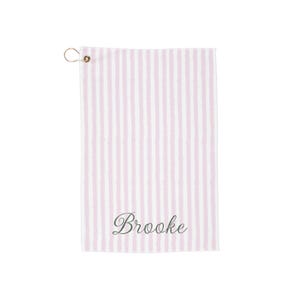 Benutzerdefiniertes Golf-Handtuch mit Monogramm, rosa Streifen und grünem Text, personalisiertes Golf-Handtuch mit Tüllenring, niedliches Golf-Geschenk für sie oder ihn