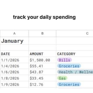 Puede incluir: Una hoja de cálculo con el texto "track your daily spending" en la parte superior. La hoja de cálculo muestra una tabla con columnas para fecha, cantidad y categoría, con datos de ejemplo para enero, incluyendo facturas y comestibles.