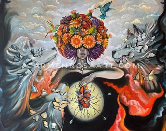 May include: A surreal painting depicting a woman with a crown of flowers, surrounded by butterflies and wolves. The woman's heart is exposed and pierced by arrows, symbolizing pain and vulnerability.