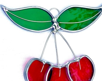 Stained Glass Red Cherries Suncatcher