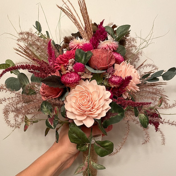 Magenta and Pink Bridal Bouquet with eucalyptus. Boho Sola Wood and Dried Flower Wedding Bouquet. Matching Corsage and Boutonniere.