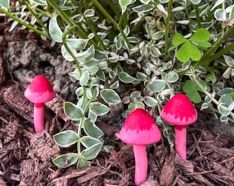 Miniature Mushrooms Plant Accessory. Decorative mushroom plant spike for terrarium, fairy garden, or planter. (Red, Set of 3).