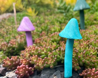 Miniature Mushrooms Plant Accessory. Decorative mushroom plant spike for terrarium, fairy garden, or planter. ("Color Swirl", Set of 3).