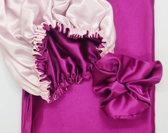 Satin hair bonnet scrunchie pillowcase set