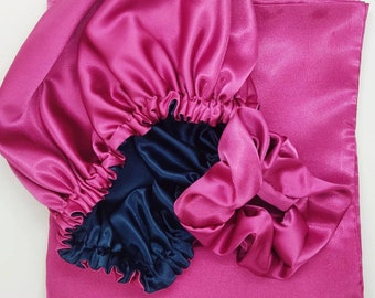 Satin hair bonnet scrunchie pillowcase set
