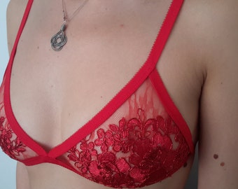 Lace,red bra,triangle bra,lingerie, gift for her, Xmas gift, valentine's day gift, red lace bra, lace lingerie, unlined bra