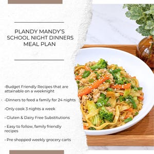 May include: A meal plan document titled PLANDY MANDY'S SCHOOL NIGHT DINNERS MEAL PLAN featuring a list of benefits including budget friendly recipes, 24 nights of dinners, and grocery carts, next to a white bowl of stir-fried noodles with broccoli and carrots.