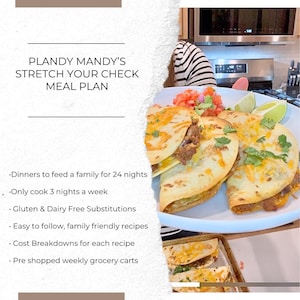 May include: A plate of tacos topped with cheese, cilantro, and a side of salsa and lime wedges. The image also includes text that reads "PLANDY MANDY'S STRETCH YOUR CHECK MEAL PLAN". The plan includes dinners for 24 nights, gluten and dairy-free substitutions, and pre-shopped grocery carts.