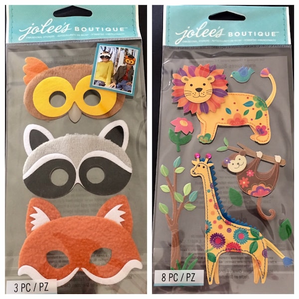 Jolee's Boutique Dimensional Scrapbook Planner Craft Stickers - Jungle Animals Sloth Giraffe Lion  Butterflies - Furry Masks Le Grande