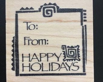 New Happy Holidays - To From Christmas - Wooden Rubber Stamp - Stamping - Embossing - Card Making - Journaling