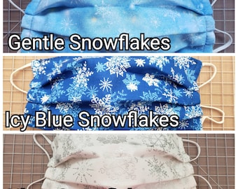 100% Cotton, Fabric, Winter, Snowflakes, Face Masks: Gentle Snowflakes, Icy Blue Snowflakes, Silver Snowflakes.