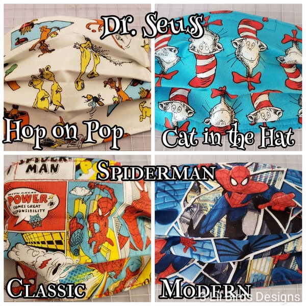 100% Cotton, Fabric, Face Masks: Universal Studios Inspired; Dr. Seuss, Marvel Comics, Hop on Pop, Cat in the Hat, Spiderman Classic, Modern