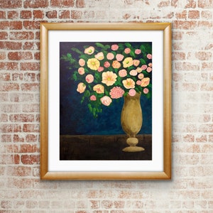 Original Floral Art Print Pink Orange Yellow Flower Bouquet Gold Vase