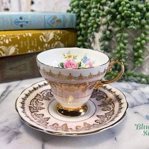 Vintage Foley English Bone China Footed Teacup and Saucer Set, Pink with Pink and Yellow Flowers and Gold Details
