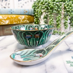 Chinese Bok Choy & Butterfly Porcelain Bowl and spoon, Chinese Famille Verde Porcelain, Chinoiserie, double happiness motif, rare antique