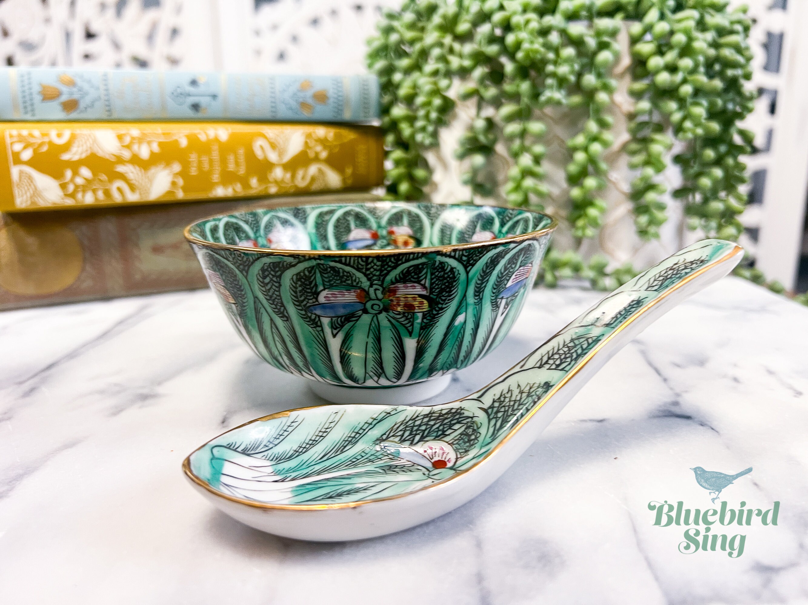 Chinese Bok Choy & Butterfly Porcelain Bowl and Spoon