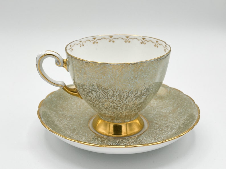 Vintage Tuscan Fine English Bone China Footed Teacup and Saucer Set, Mint Covered With Intricate