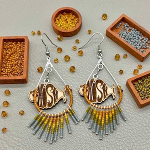 Pendientes Phish: dije de madera, aros colgantes con cuentas de semillas YEMSG