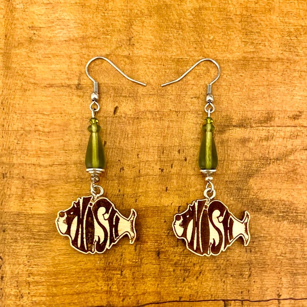 phish wood charm swarovski sea glass lightweight beaded olive green fun hippie couch tour dangle earrings