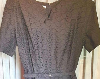 Vintage Nelly Don black Eyelet lace dress with belted waste, short sleeved in excellent condition,  size small/med