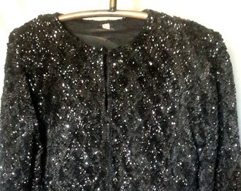 pull vintage en soie à sequins noir et gris motif losanges en excellent état, taille 46\large