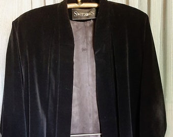 Beautiful Switzers black velvety lined swing coat with open front and tapering sleeves in excellent condition, size M/L