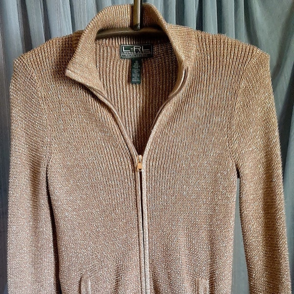 R-RL Ralph Lauren Active long sleeved, zip up gold metallic cardigan jacket in excellent condition,  pockets still sewn closed, size Med