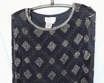 Vintage Papell Boutique black top embellished with gold beads, sheer sleeves in excellent condition,  size large