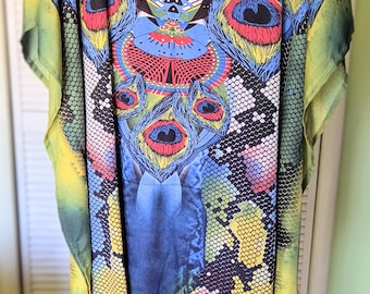 Colorful Step In Style colorful patterned slip on Kaftan, house dress, swim cover.  One size.  Has studded rhinestones around neckline.