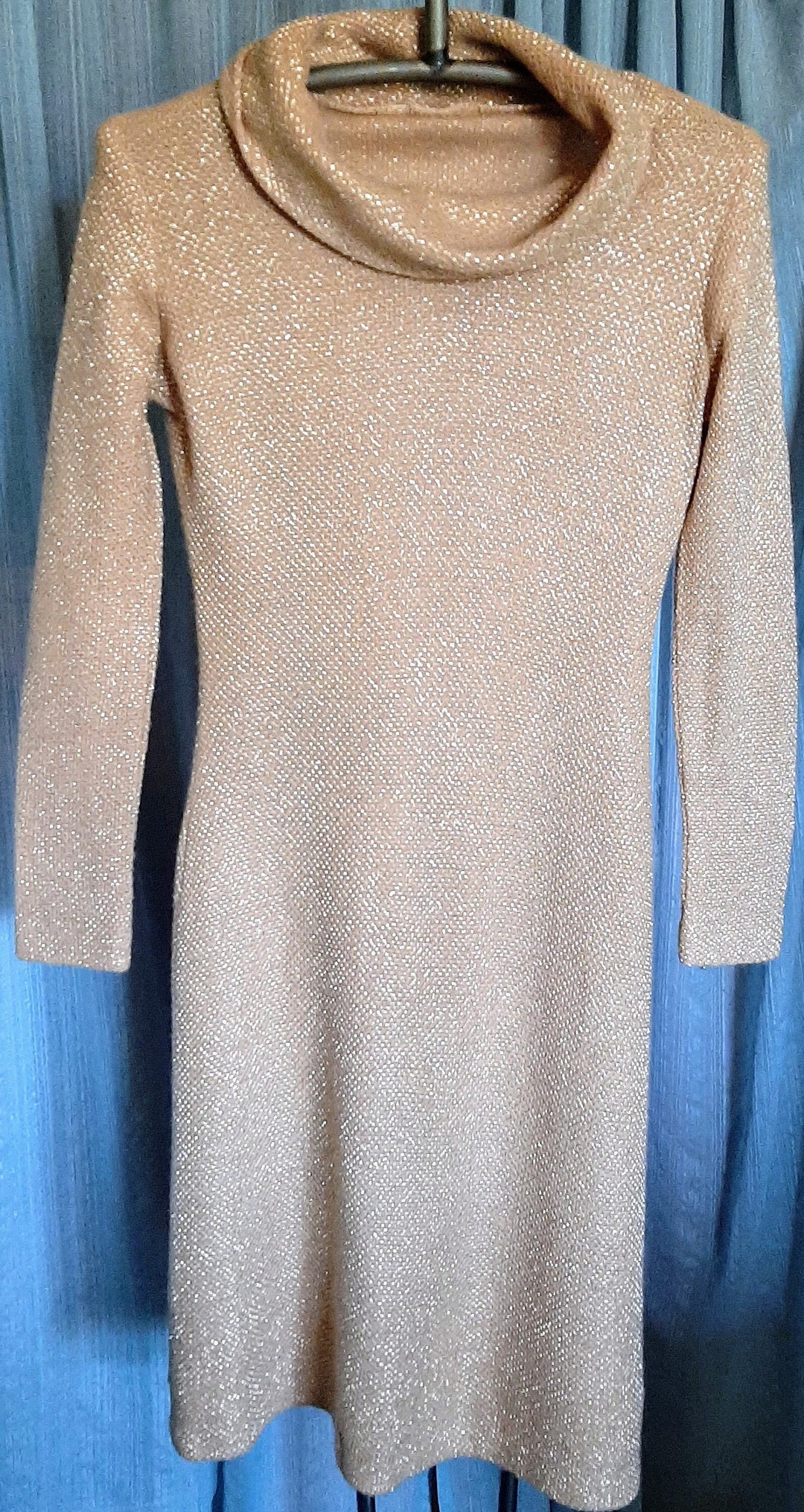Gold Knit Dress With Metallic Thread Long Sleeves Tea Length Cowl