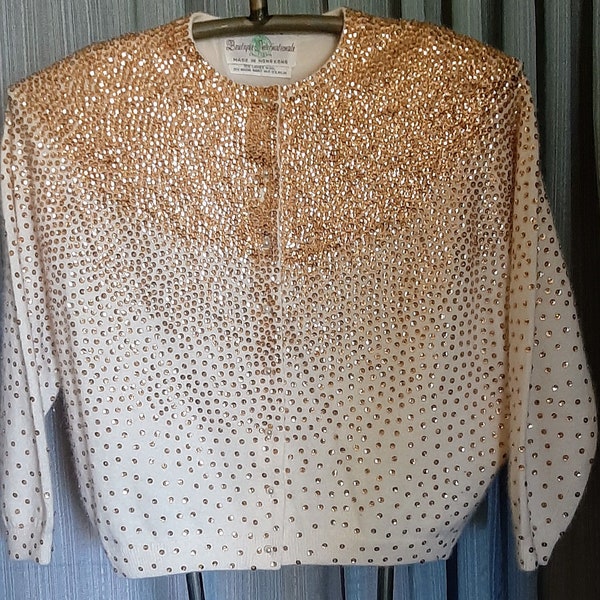 Beautiful Boutique International lambs wool, angora cardigan sweater with hand sewn sequins, faux pearl buttons in excellent condition, lM/L