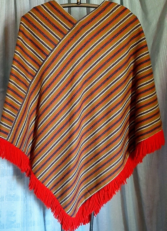 Vintage  colorful striped poncho with red fringe … - image 1