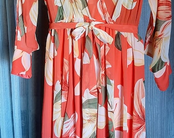 Sheer Orange Kate & Lily Long Sleeved, Full Length Dress With Floral  Pattern' Deep Vee Neckline, Open Sleeves, Sashed Waist. Excellent, S6 - Etsy