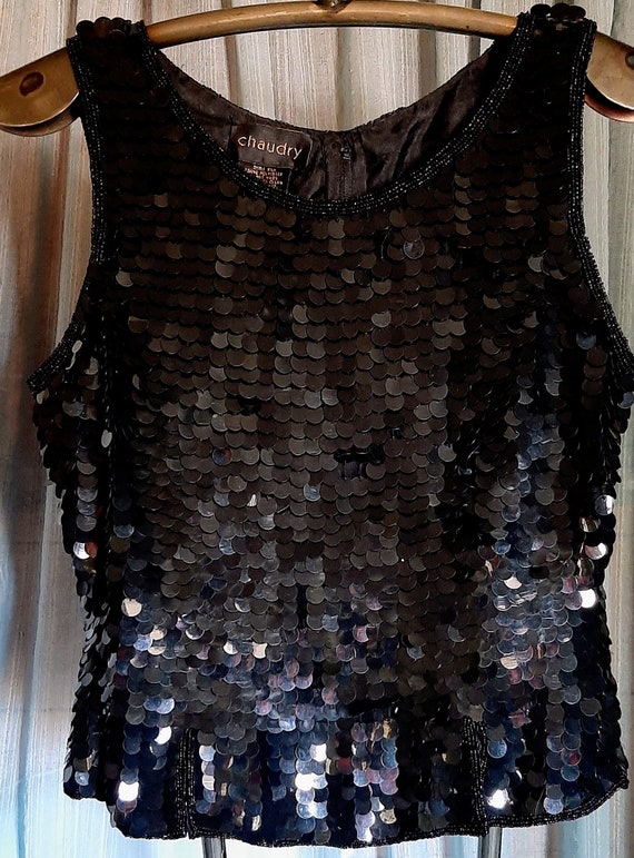 Black 100%  silk sleeveless sequined and beaded Ch