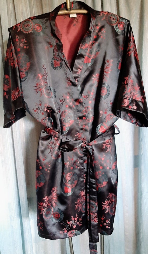 Vintage black Made in Korea silky kimono robe with