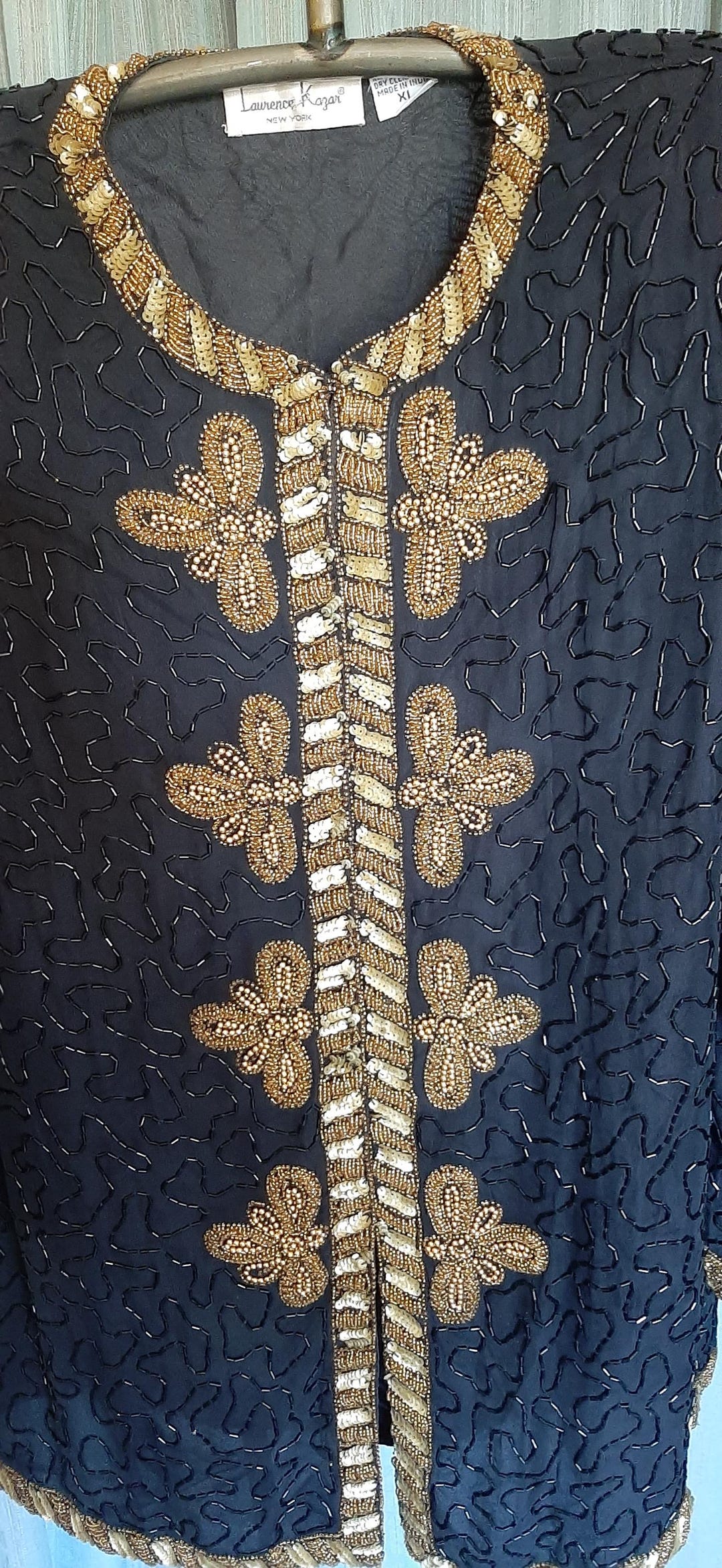 100% Silk Lawrence Kazar Black Beaded Jacket Adorned With Gold