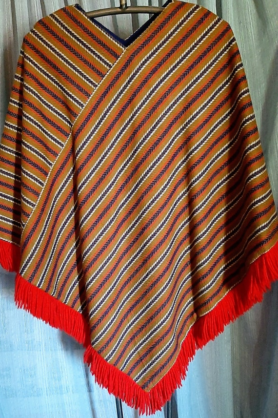 Vintage  colorful striped poncho with red fringe … - image 5