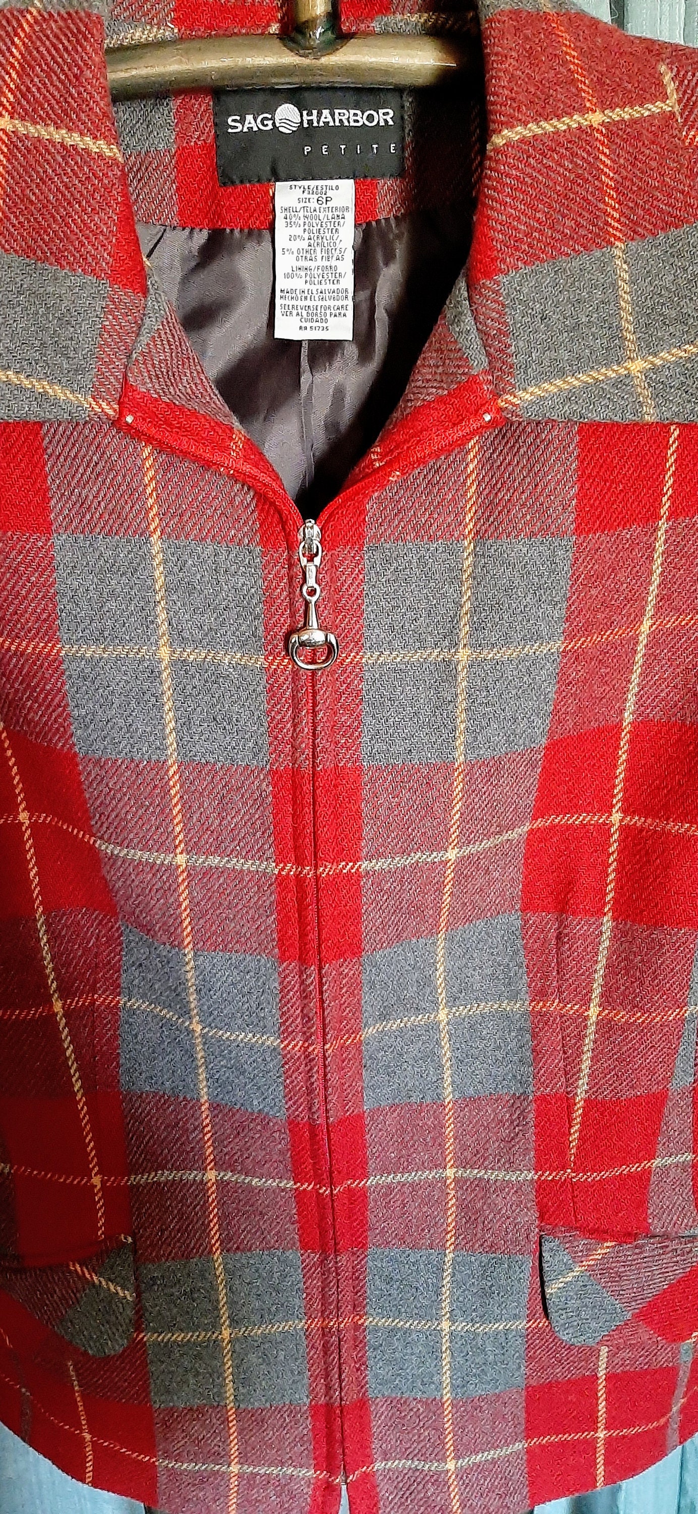 Red and Gray Plaid SAG Harbor Zip up Jacket, Two Front Pockets in 