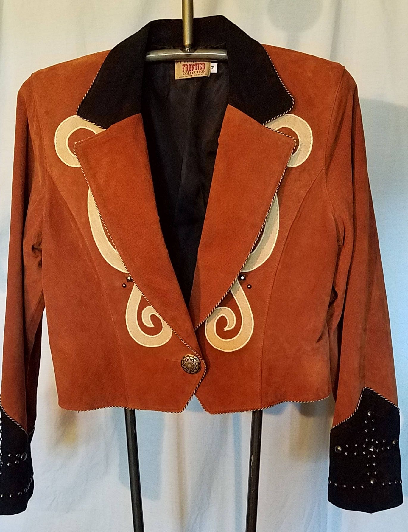 Vintage Phoenix Usa Frontier Collection Western Embellished Black Vintage Phoenix Usa Frontier Collection Western Embellished Black And Brown Leather Jacket In Excellent Condition Size Um