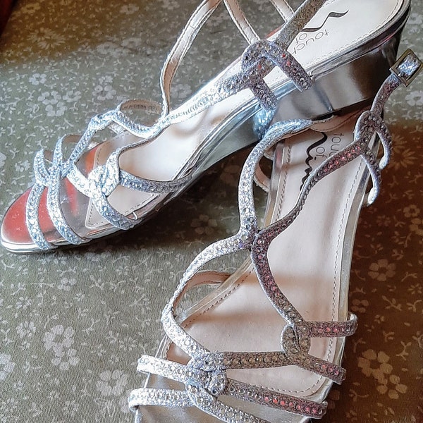vintage silver and rhinestone open toed Touch of Nina glitter shoes, adjustable straps, wedge heel in excellent condition, size 7 1/2