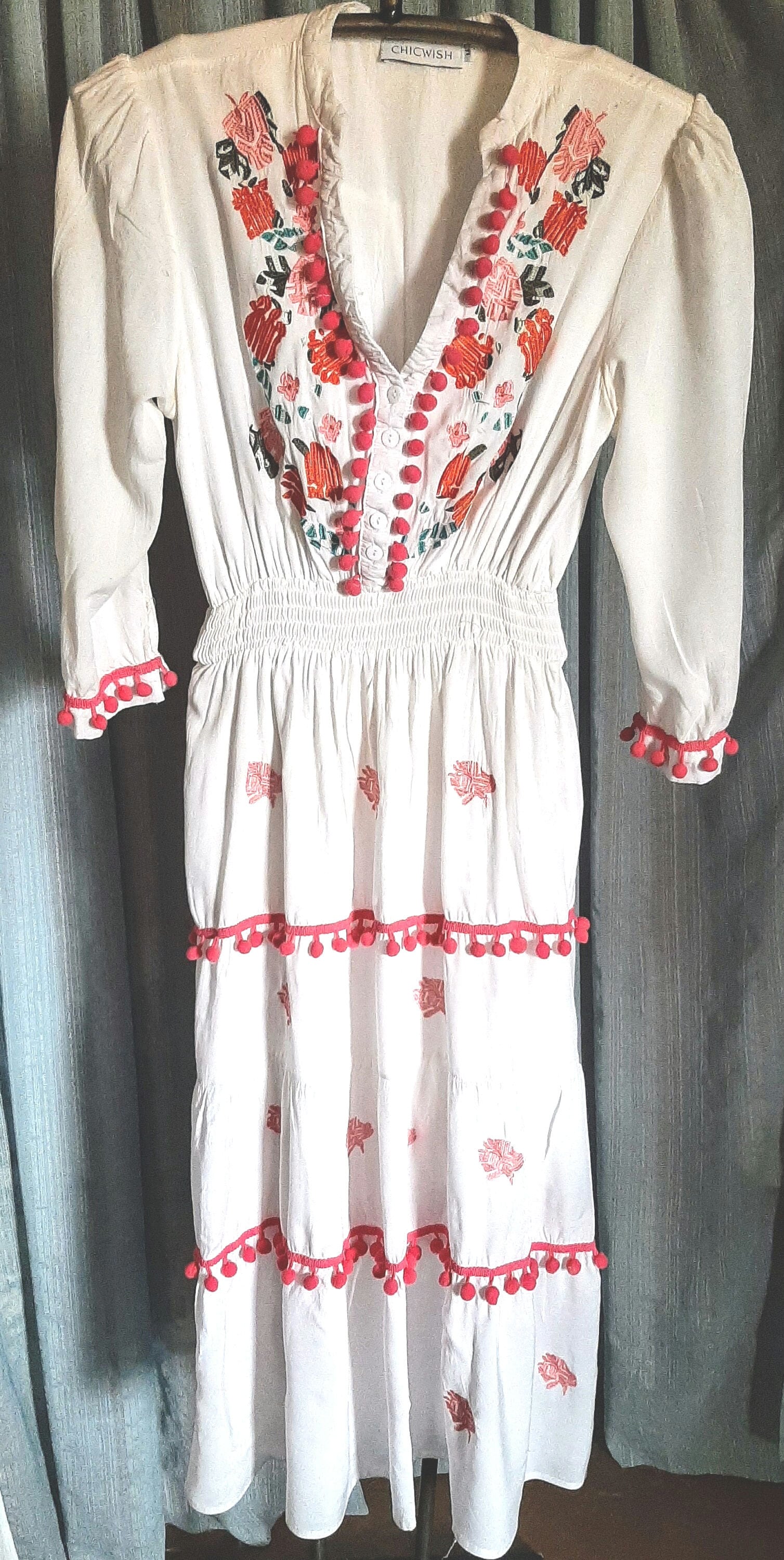 Beautiful White Chicwish Long Sleeved Dress With Flared Layered Skirt  Adorned With Embroidery in Excellent Condition, Size Med - Etsy