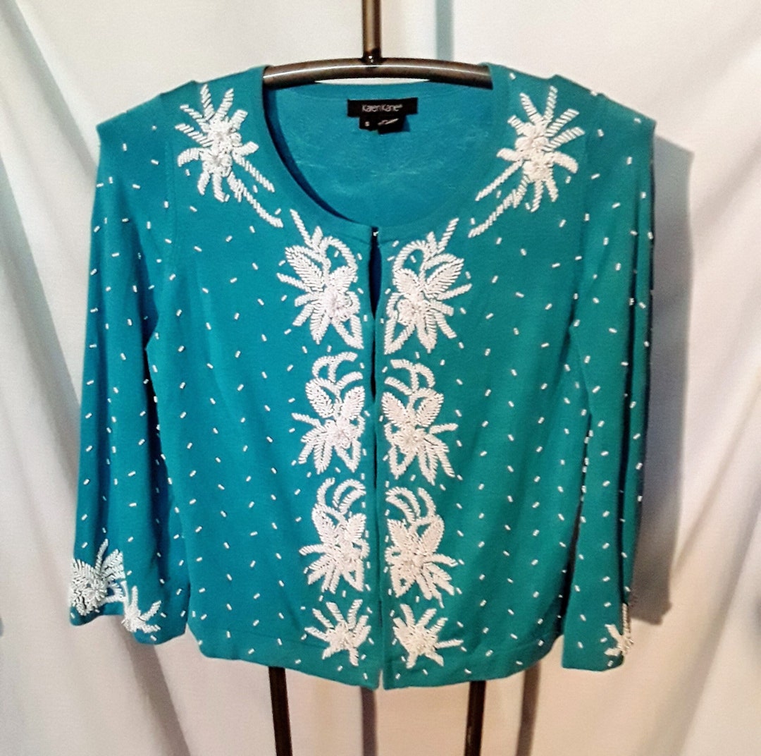 Vintage Karen Kane Turquoise Sweater Embellished With White - Etsy