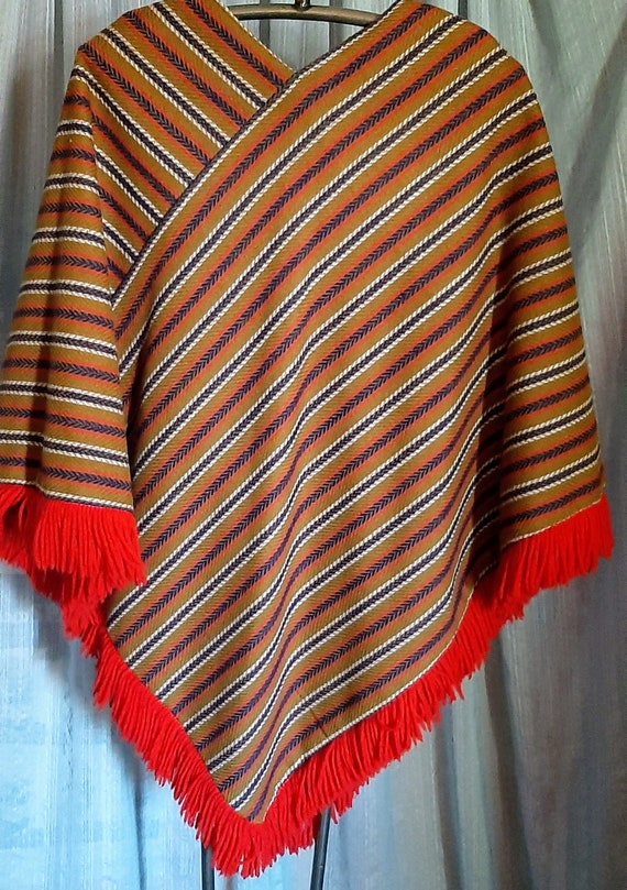 Vintage  colorful striped poncho with red fringe … - image 3
