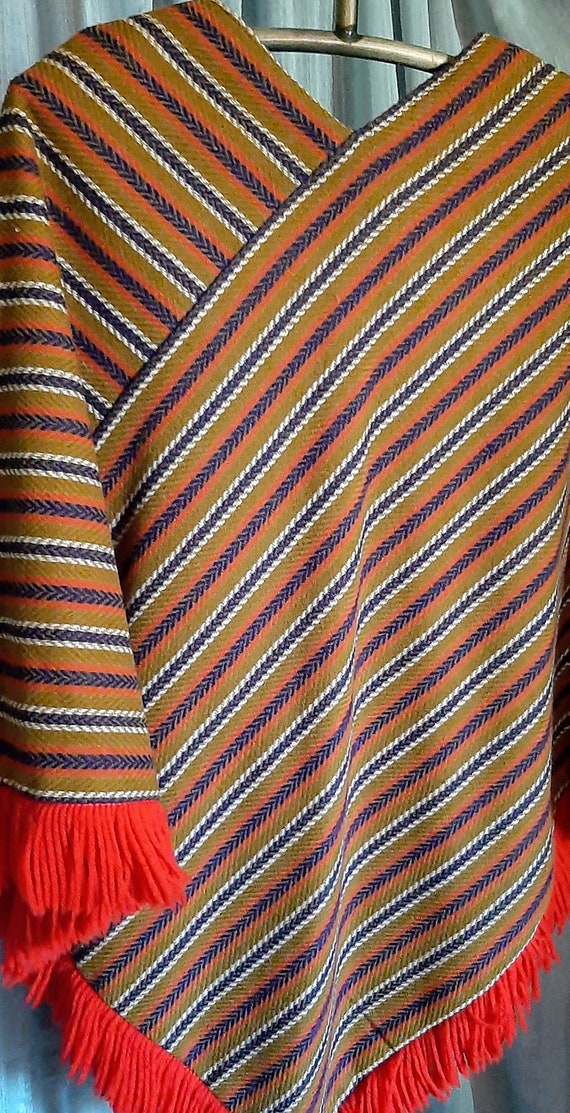 Vintage  colorful striped poncho with red fringe … - image 2