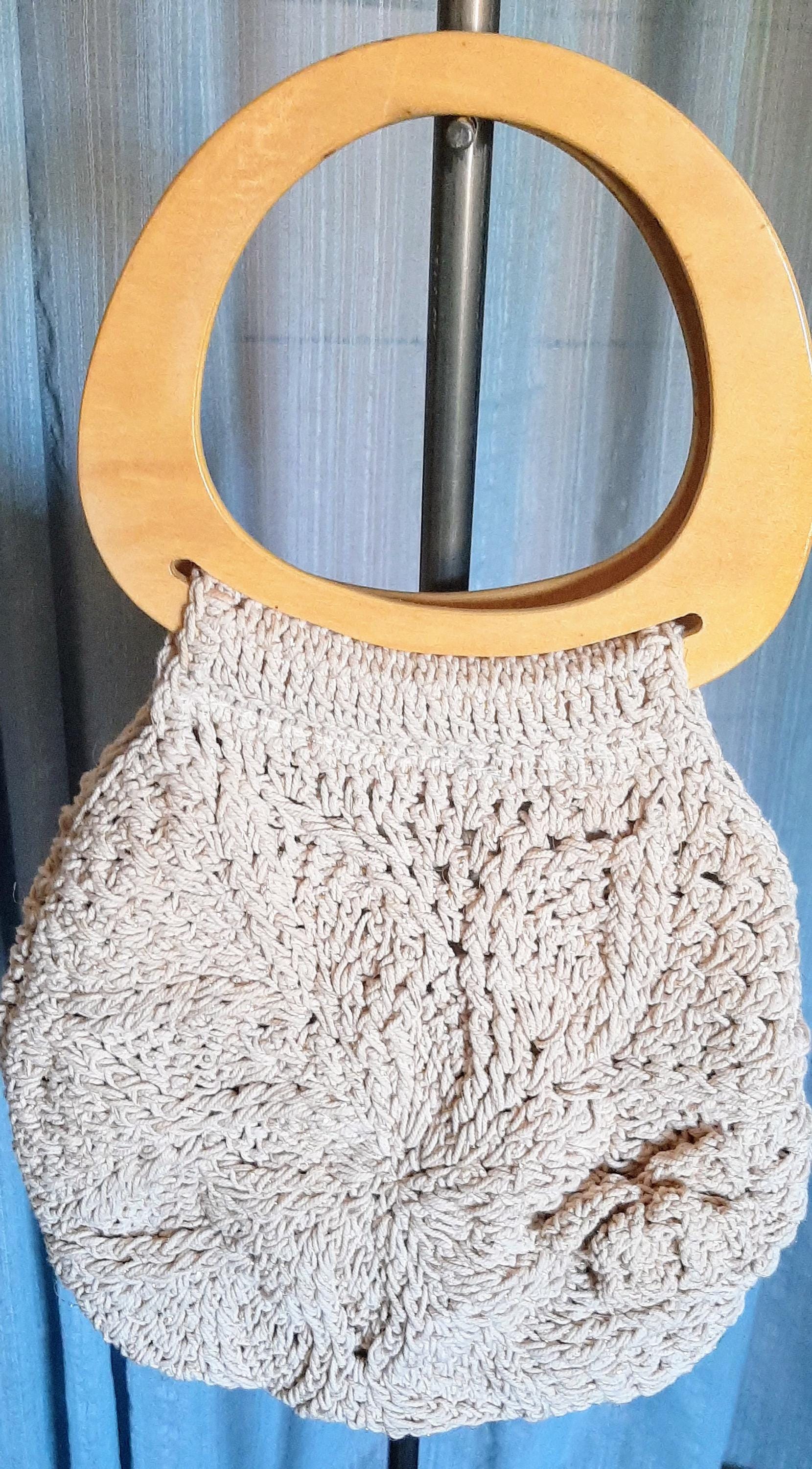 ハンドバッグ Antique crochet bag Nice Crochet Handbag With Two Wooden Handles, Natural Earth Tone